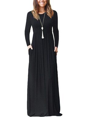 Women's Black Crew Neck Long Sleeve Pull On Casual Soft Pockets Maxi Dress